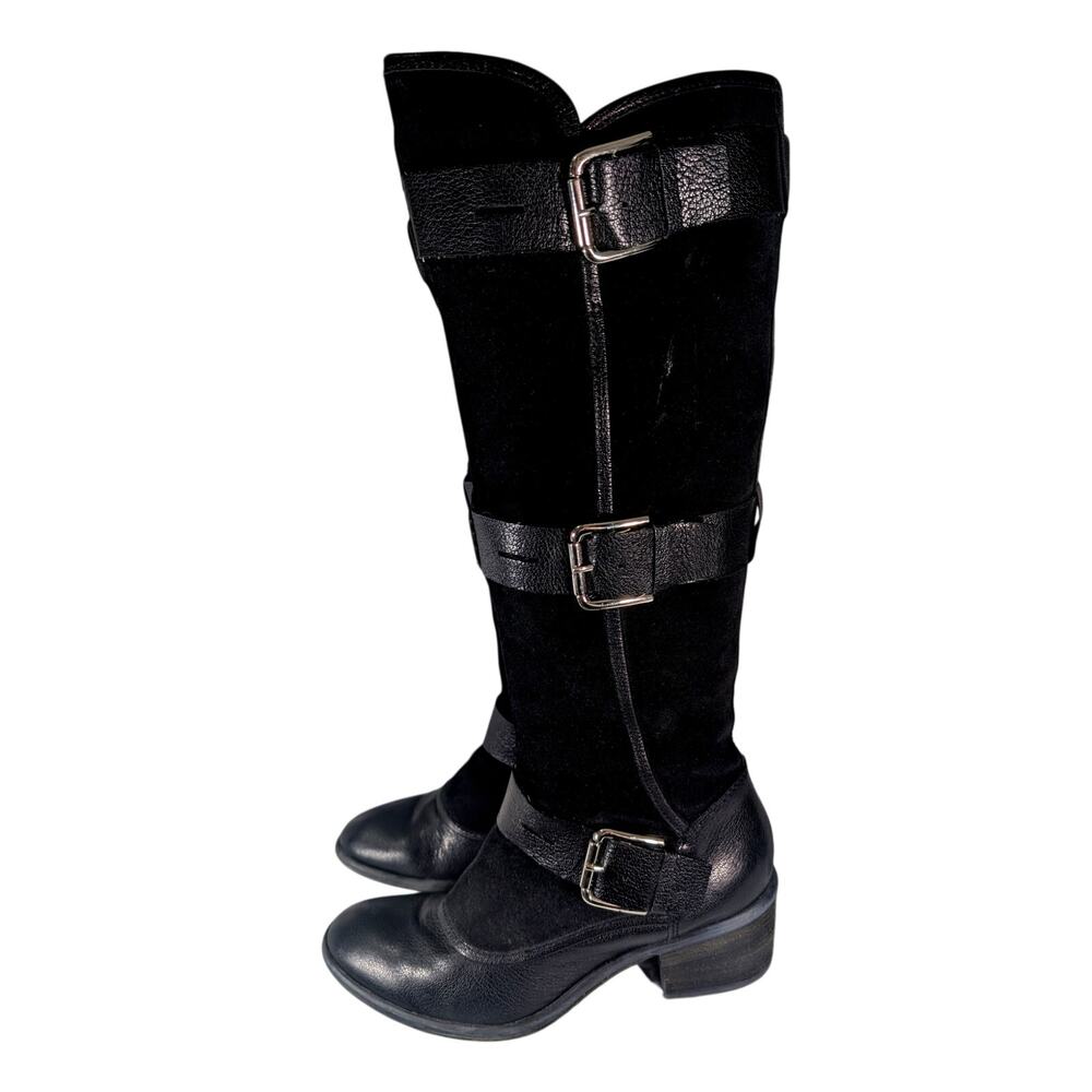 DONALD PLINER! BLACK GENUINE LEATHER & SUEDE, SILVER BUCKLES, ZIPPER BOOTS! 8.5M